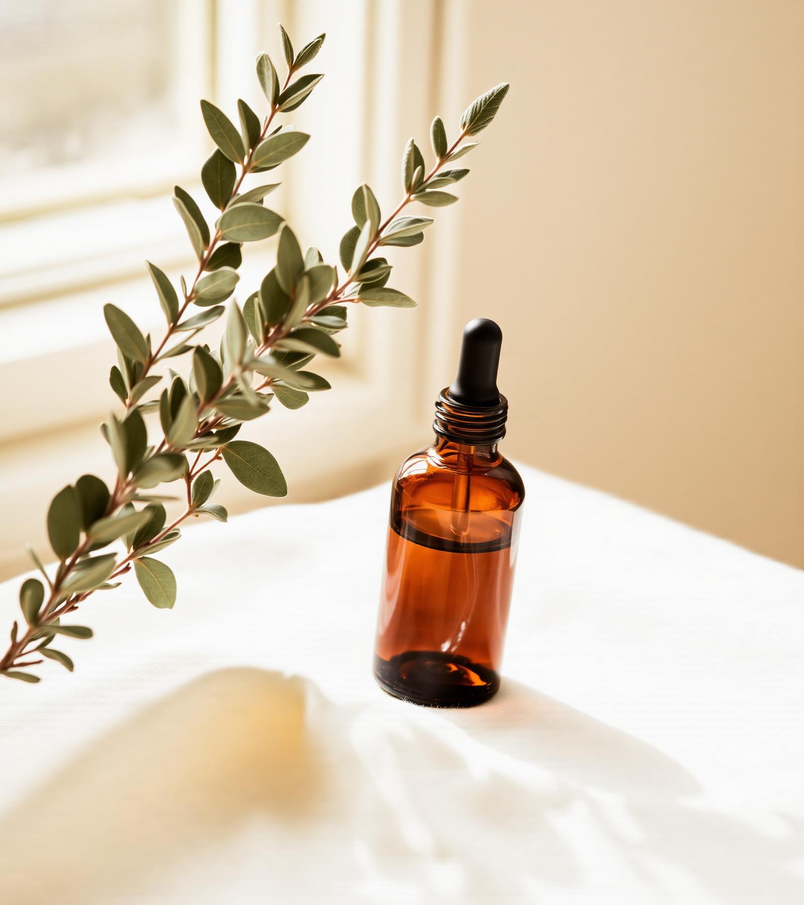 Fresh eucalyptus botanical sprigs beside an amber glass dropper bottle in soft daylight